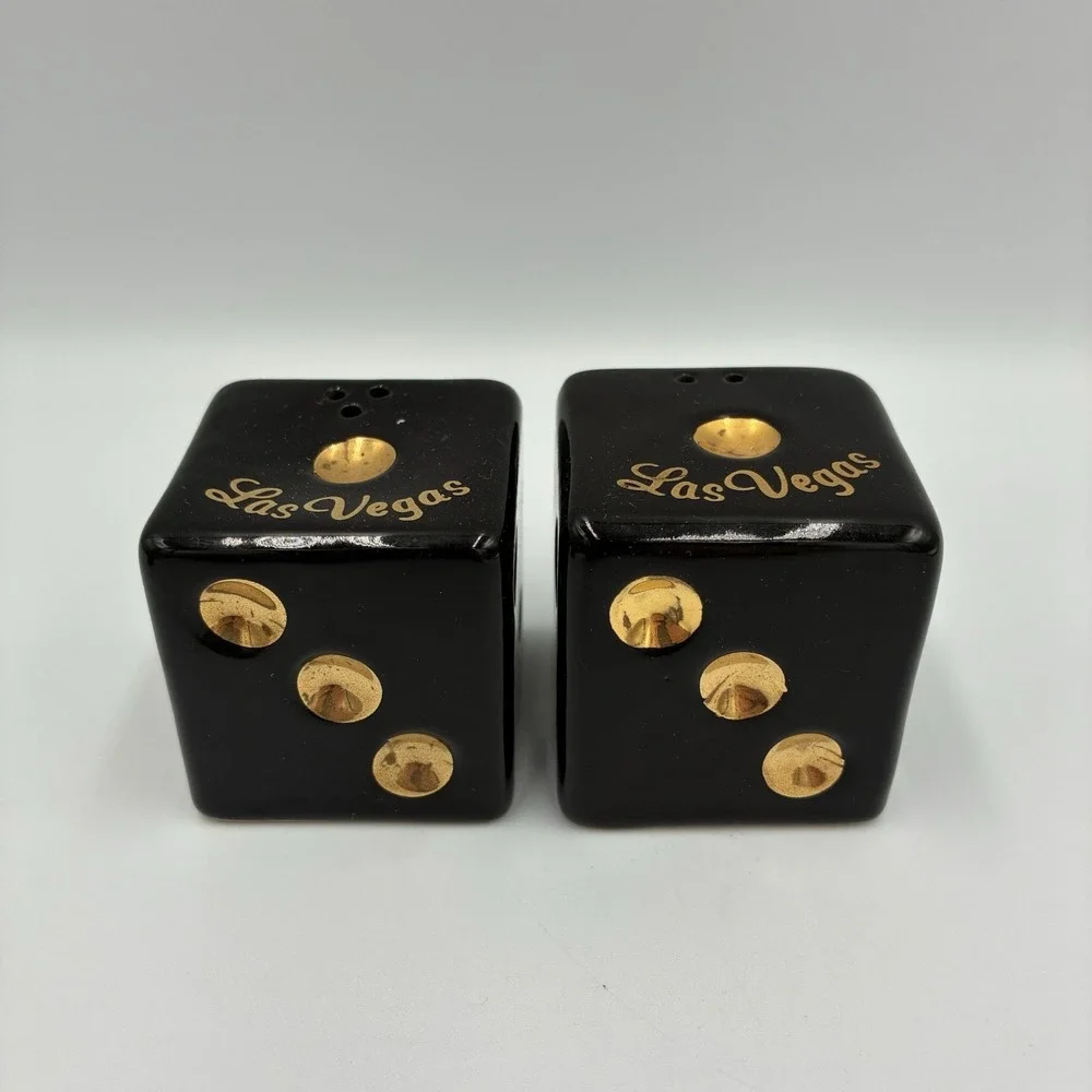 Vintage Las Vegas Salt & Pepper Shakers Black&Gold Dice w/stoppers - COOL!‎